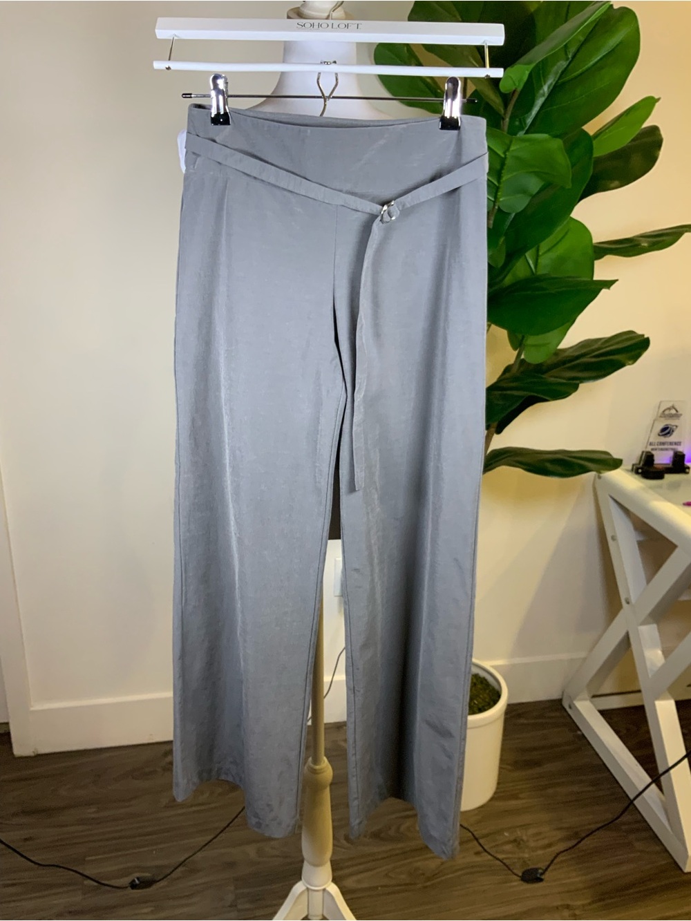 Mango Wide-Leg Tie Belt Pants in Light Gray
